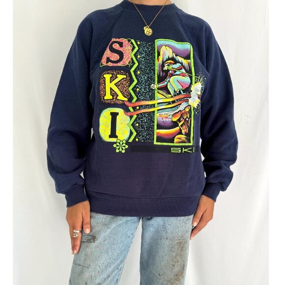 90s vintage navy blue outdoor winter sports skiing ski graphic pullover sweater - Picture 2 of 9